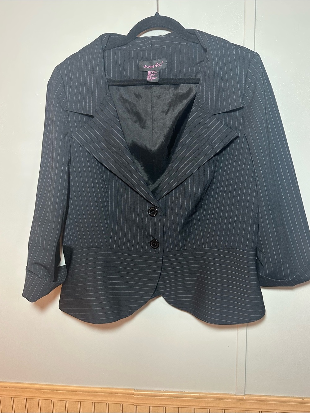Shape FX Black Pinstripe Career Women’s Blazer Jacket Peplum Hem Corporate Goth
